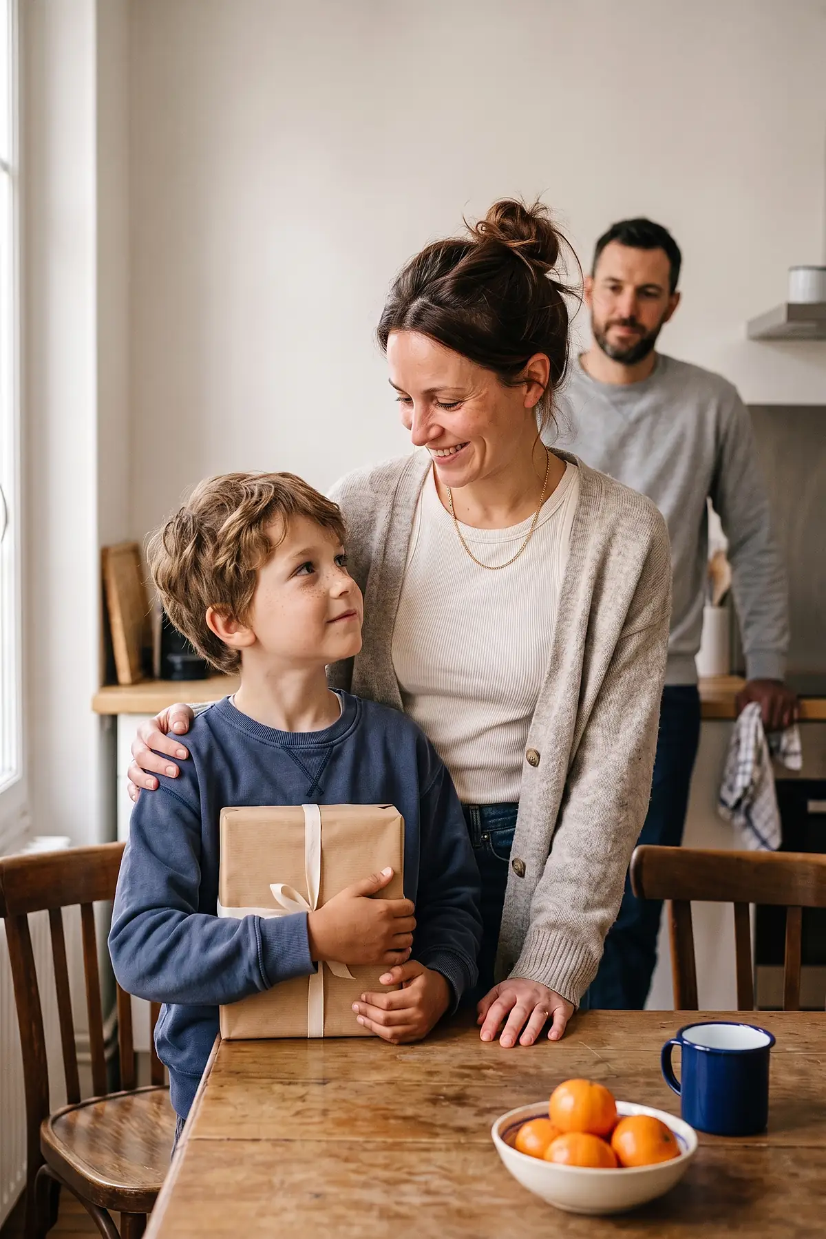 Une mère et son fils de sept ans dans leur cuisine, l'enfant serrant contre lui un cadeau emballé, le père en arrière-plan