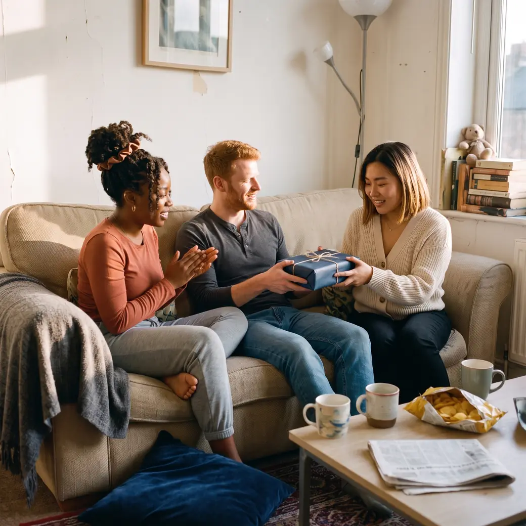 Trois amis assis sur un canapé, l'un d'eux recevant un cadeau emballé des mains d'un autre