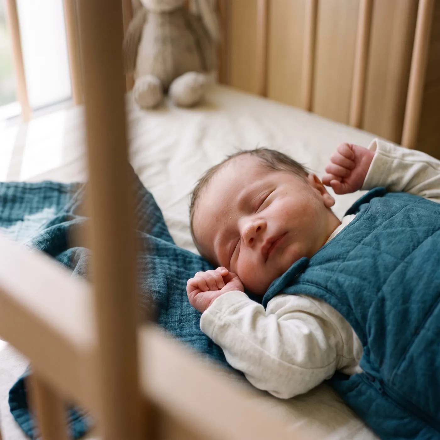 Un nouveau-né endormi dans son lit, une gigoteuse et un lange bleus autour de lui