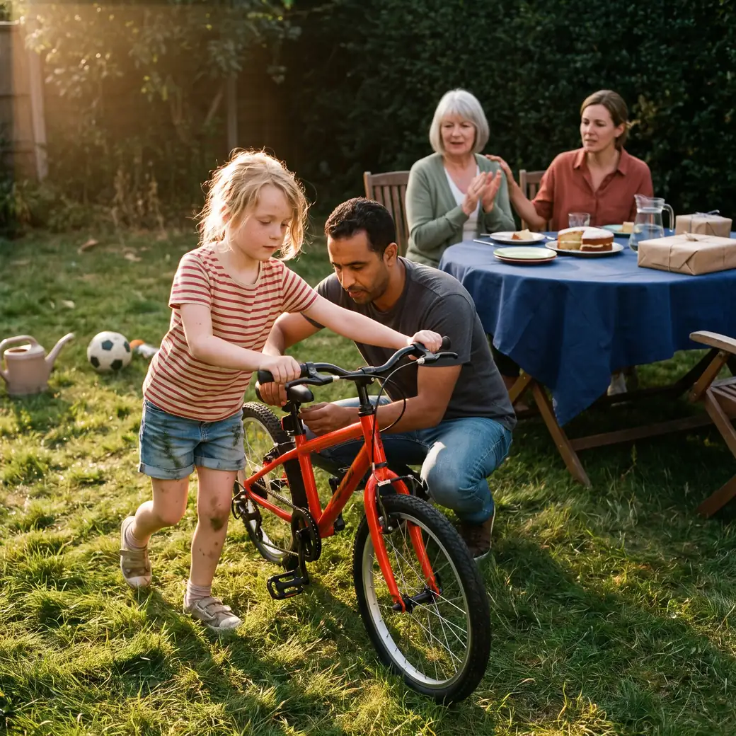 Une fillette pousse son vélo neuf dans le jardin, son oncle règle la selle, sa grand-mère et sa mère les regardent depuis la table