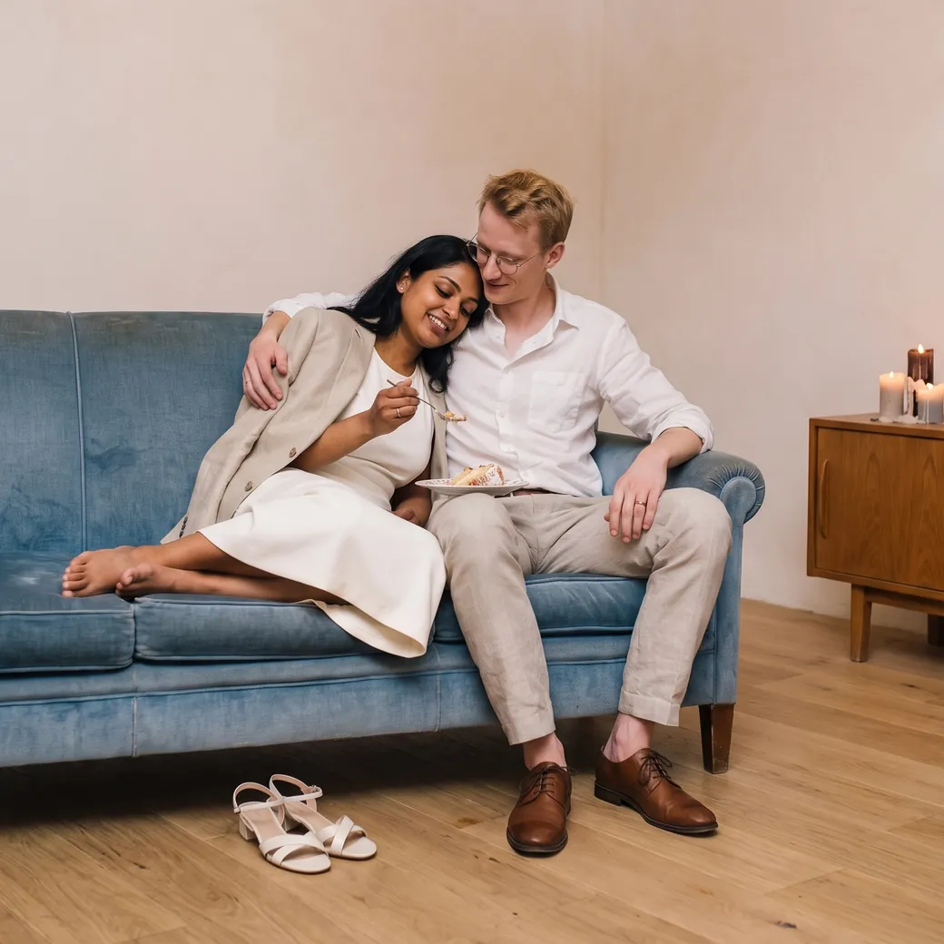 En fin de soirée, les mariés partagent une part de gâteau sur un canapé, la mariée pieds nus, la tête sur l'épaule de son mari