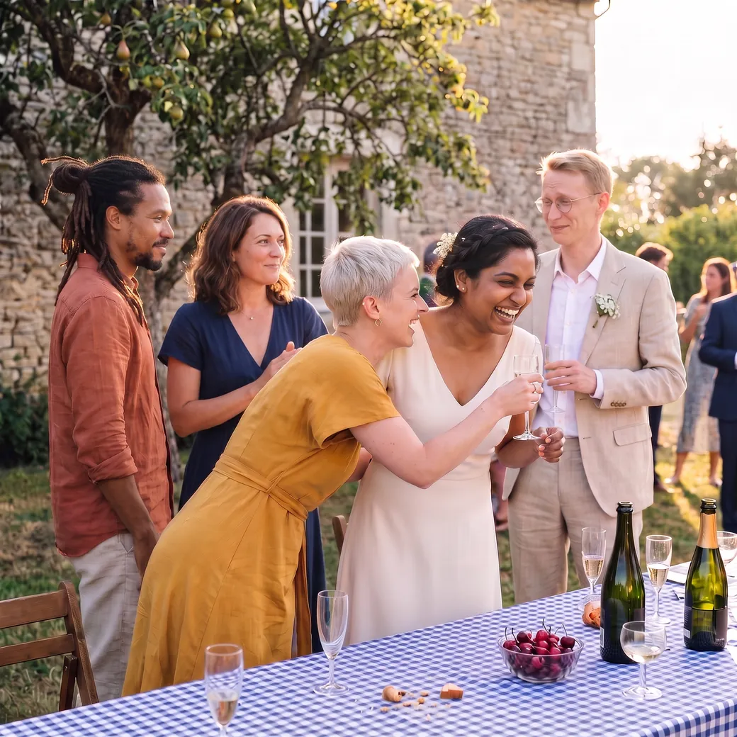 Au vin d'honneur dans un jardin, une amie serre la mariée dans ses bras pendant que le marié et leurs proches les regardent
